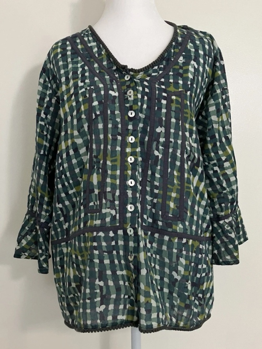 Little Journeys Chicago Top Large Button Blouse  100% Cotton Peasant Artsy